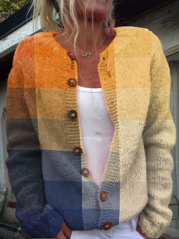 Aurora – Vintage Orange Blue Gradient Plaid Pattern Sunset Abstract Art Buttoned Cardigan Sweater