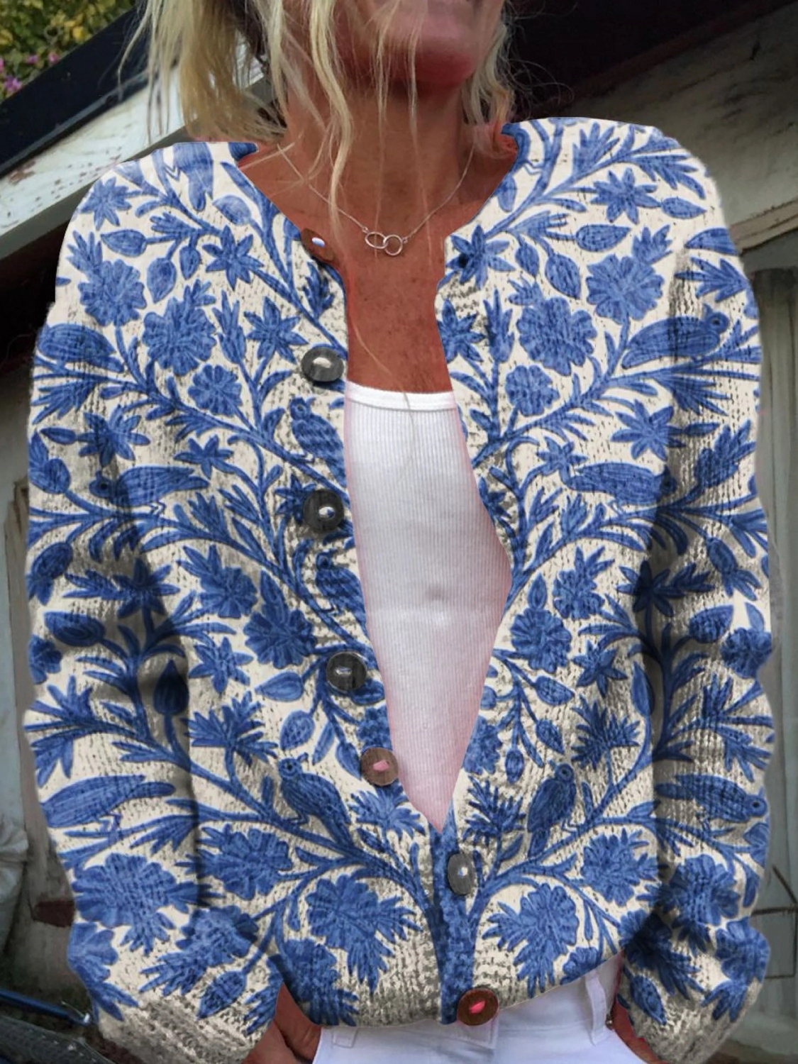 Priya – Indian Art Floral Vintage Art Print Buttoned Cardigan Sweater