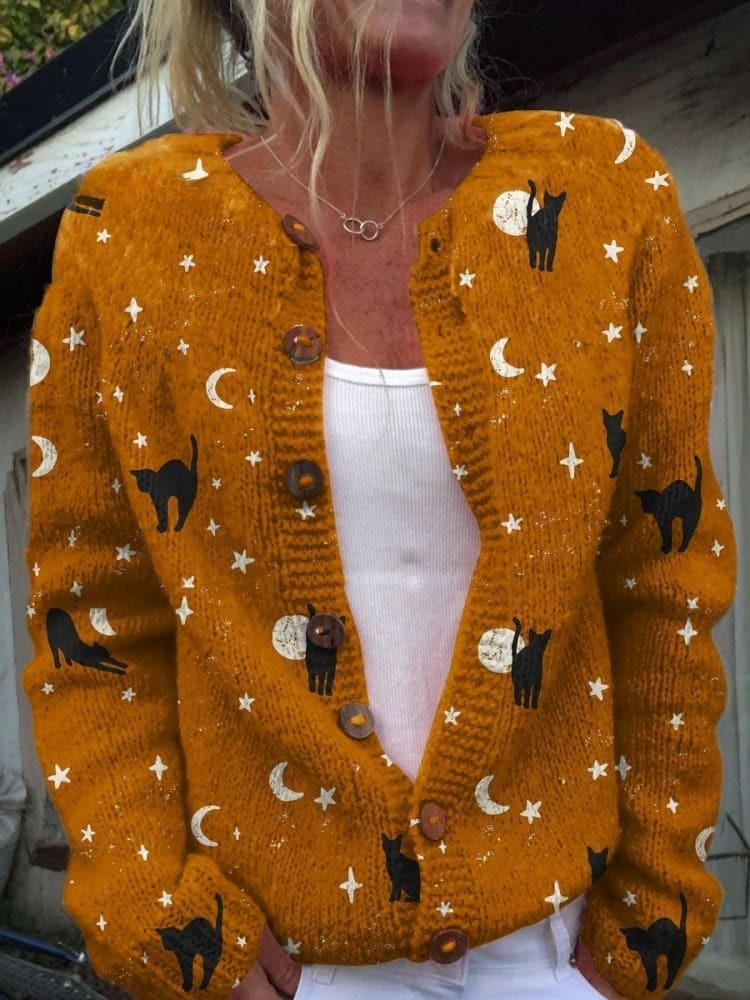 Selene – Halloween Black Cat Art Print Buttoned Cardigan Sweater