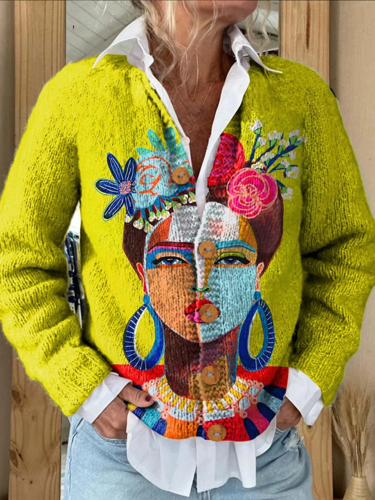 Freda - Oil Painting Freda Portrait Art Printed Buttoned Cardigan Sweater