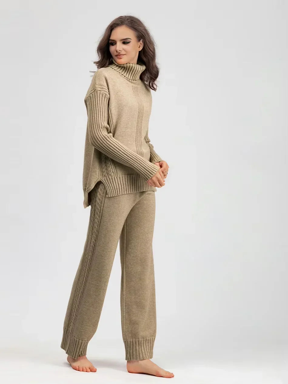 Scarlett - Chic High-Neck Knit Sweater & Loose Pants Set