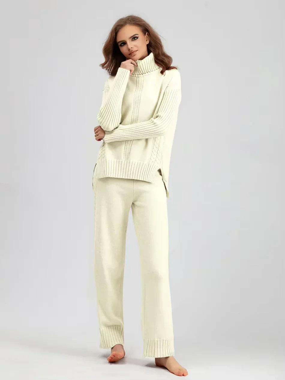 Scarlett - Chic High-Neck Knit Sweater & Loose Pants Set