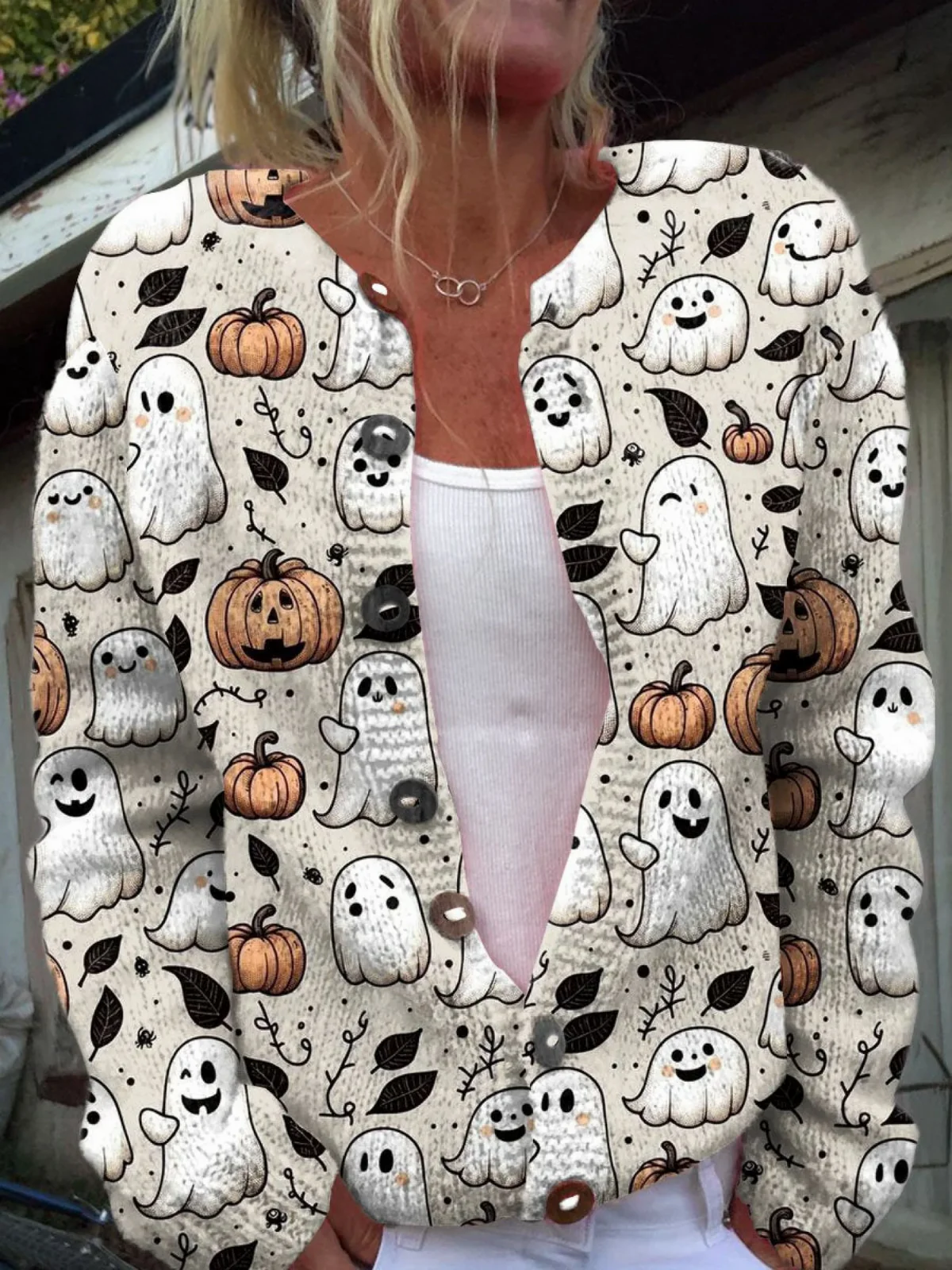 Molly - Funny Ghost Halloween  Art Print  Buttoned Cardigan Sweater