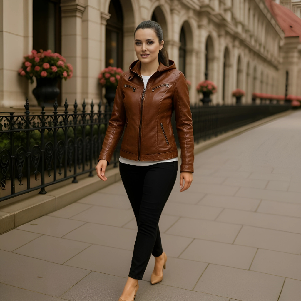 Olive - Waterproof Women's Leather Jacket with Hood