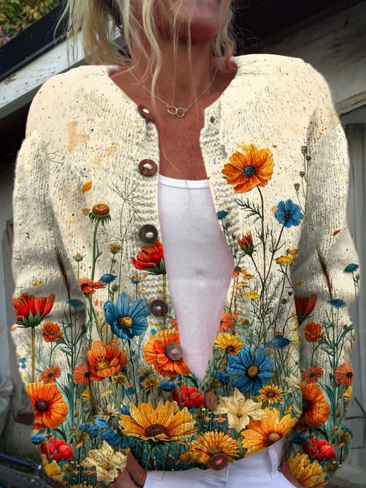 Ivy - Vintage Flower Art Print Buttoned Cardigan Sweater
