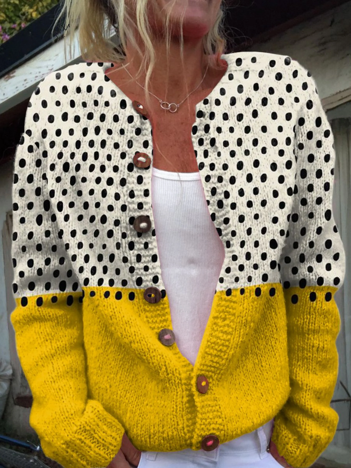 Juniper - Yellow Geometric Polka Dots Print Buttoned Cardigan Sweater