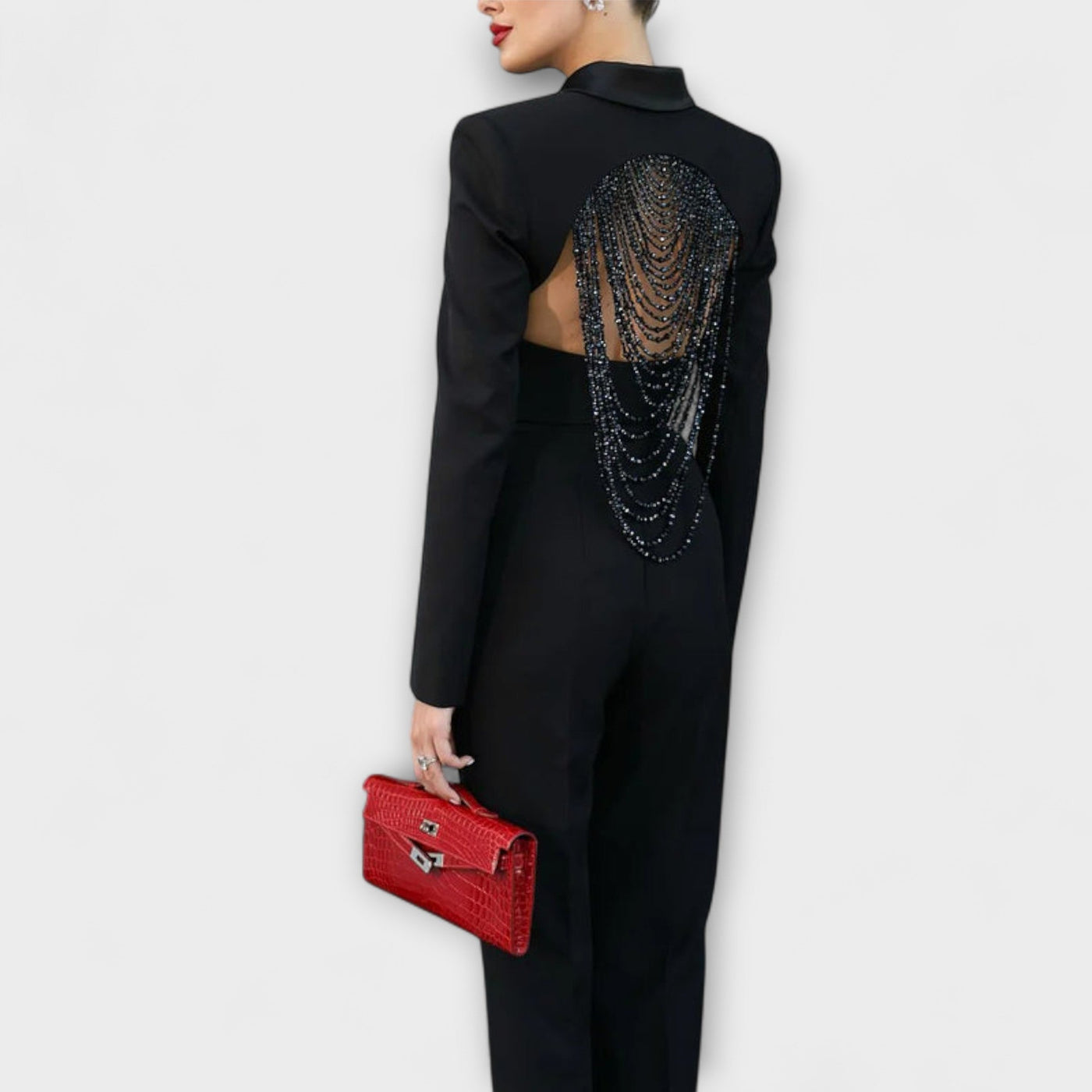 Noa - Black Pearl-Embellished Backless Short Blazer Set