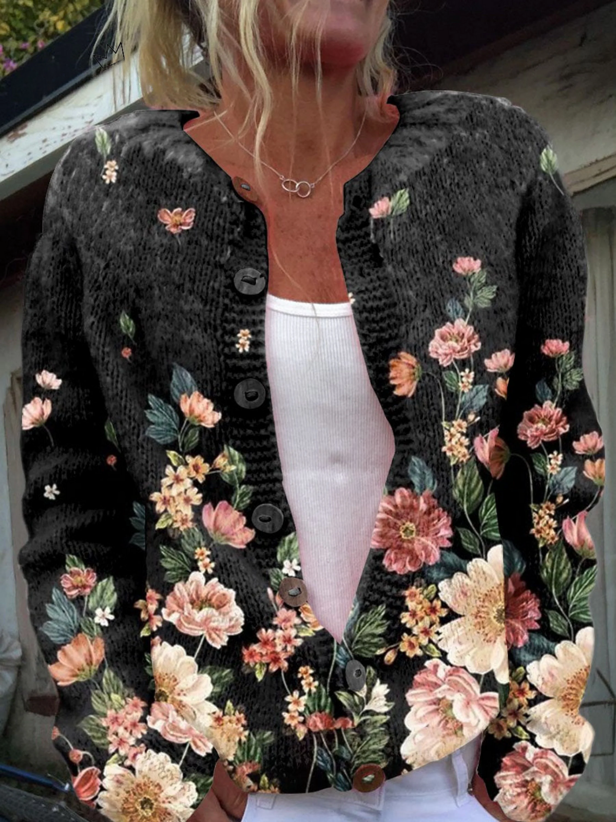 Amy - Floral Print Buttoned Casual Cardigan  Sweater