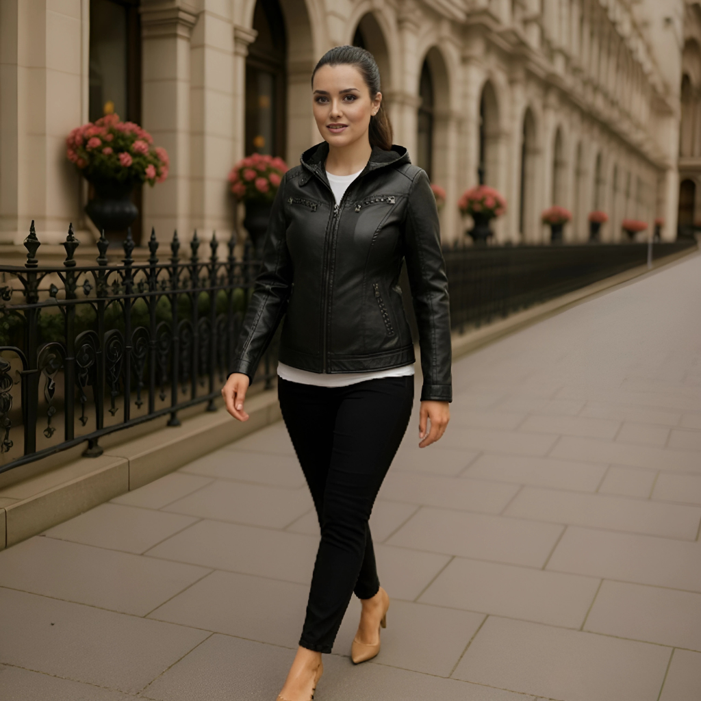 Olive - Waterproof Women's Leather Jacket with Hood