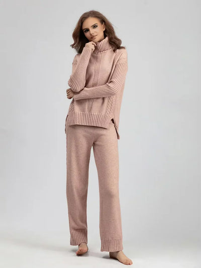 Scarlett - Chic High-Neck Knit Sweater & Loose Pants Set