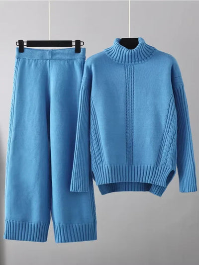 Scarlett - Chic High-Neck Knit Sweater & Loose Pants Set