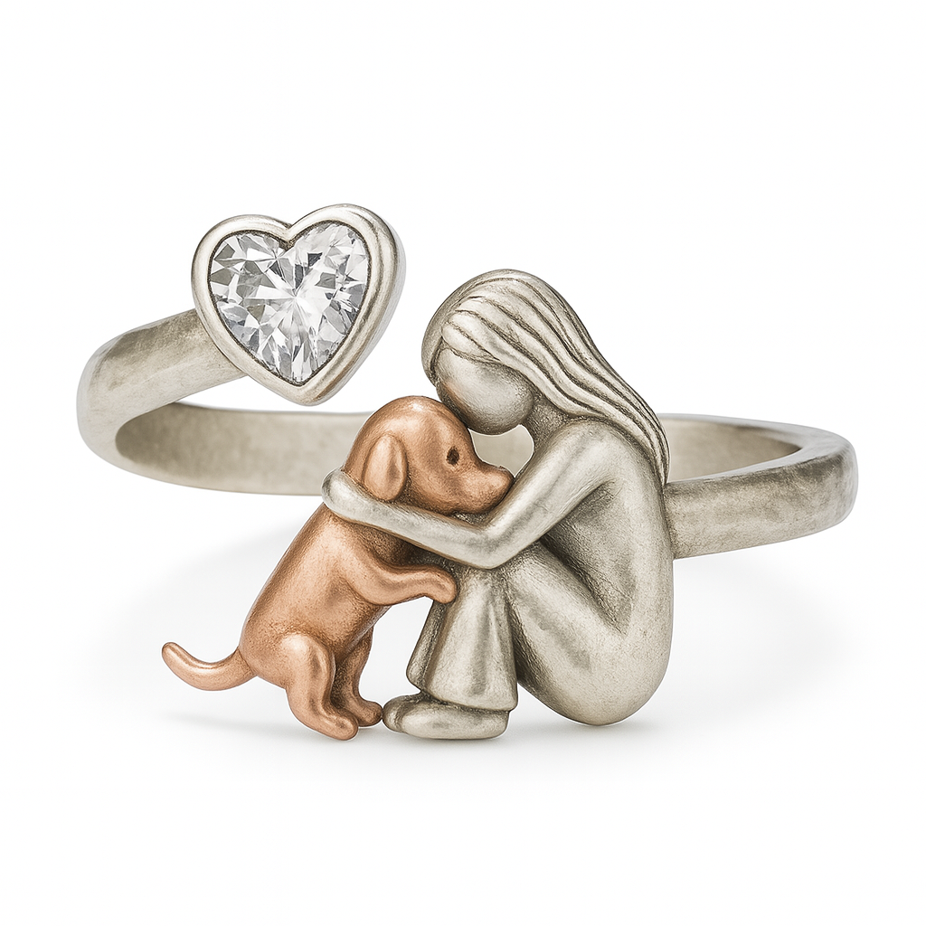Handcrafted Silver Dog Ring with Heart-Shaped Zirconia – Adjustable Fit