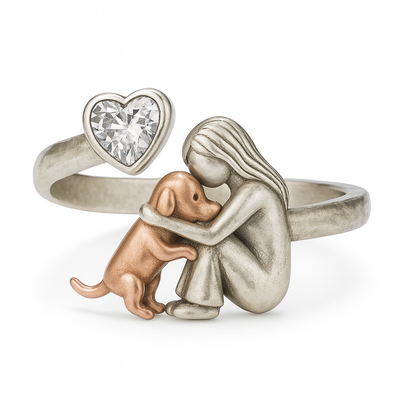 Handcrafted Silver Dog Ring with Heart-Shaped Zirconia – Adjustable Fit