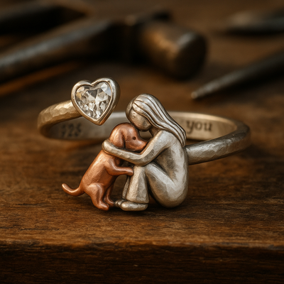 Handcrafted Silver Dog Ring with Heart-Shaped Zirconia – Adjustable Fit