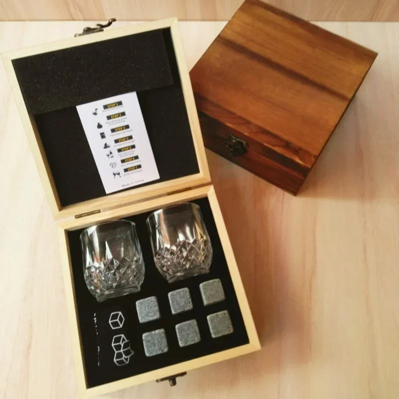 Whiskey Stones Glasses Set & Granite Ice Block in Wooden Box