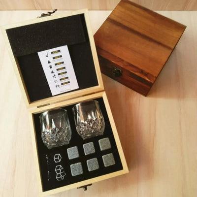 Whiskey Stones Glasses Set & Granite Ice Block in Wooden Box