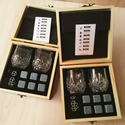 Whiskey Stones Glasses Set & Granite Ice Block in Wooden Box