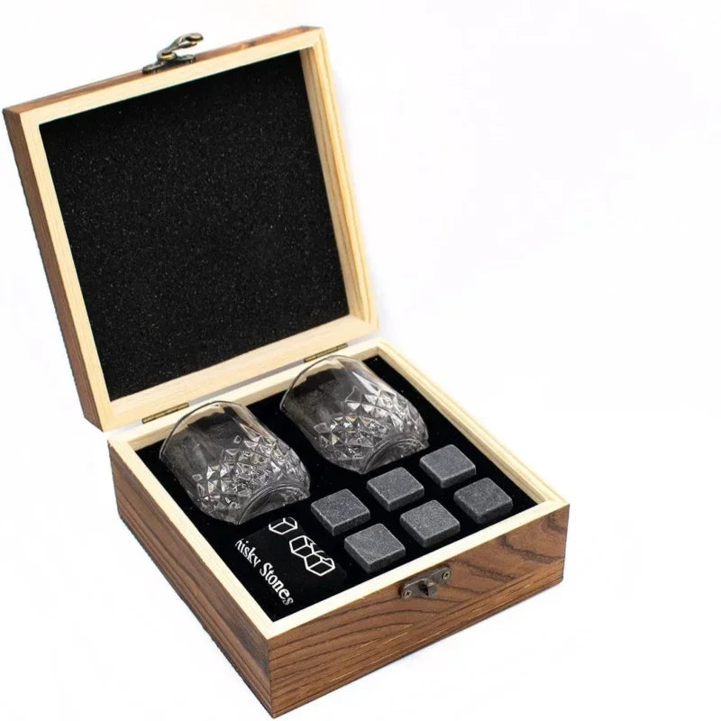 Whiskey Stones Glasses Set & Granite Ice Block in Wooden Box