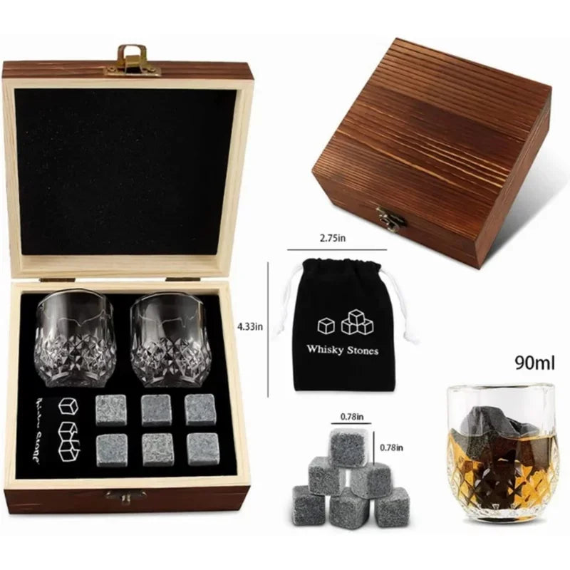 Whiskey Stones Glasses Set & Granite Ice Block in Wooden Box