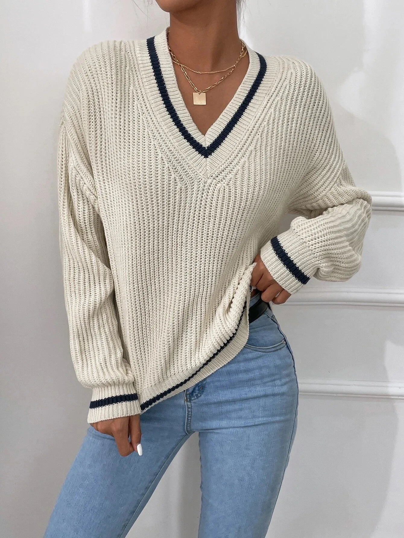 Marina - Stripe waffle knit sweater