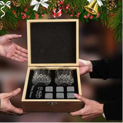 Whiskey Stones Glasses Set & Granite Ice Block in Wooden Box