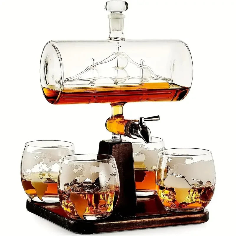 1pcs, 1300ml/44oz Decanter+4pcs, 300ml/10oz Glass Cups Whiskey Set