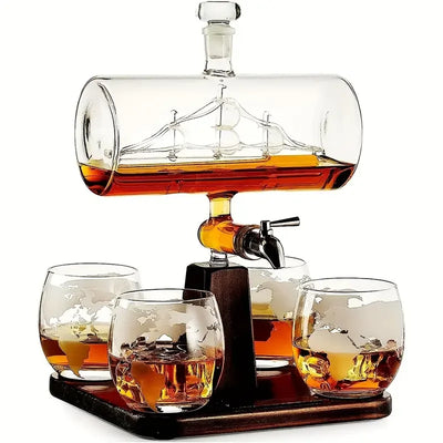 1pcs, 1300ml/44oz Decanter+4pcs, 300ml/10oz Glass Cups Whiskey Set