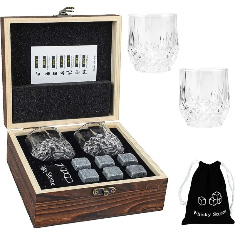 Whiskey Stones Glasses Set & Granite Ice Block in Wooden Box