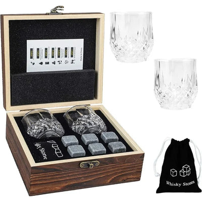 Whiskey Stones Glasses Set & Granite Ice Block in Wooden Box