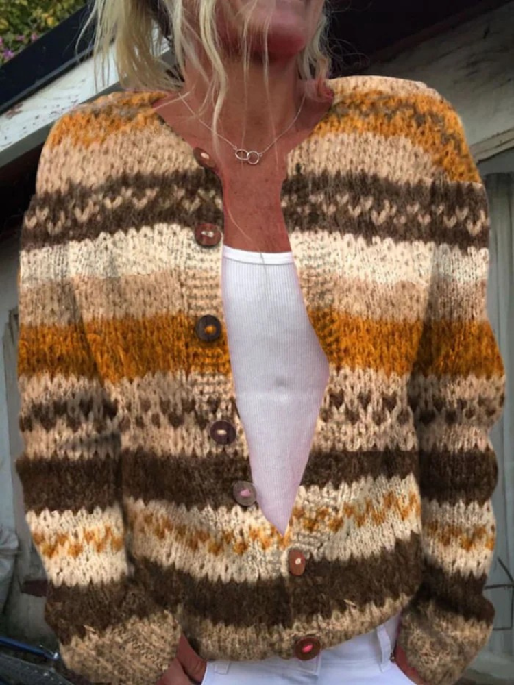 Colette – Stripe Color Block Print Buttoned Cardigan Sweater