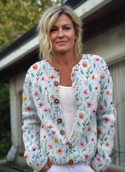 Beatrice – Vintage Flower Art Print Buttoned Cardigan Sweater